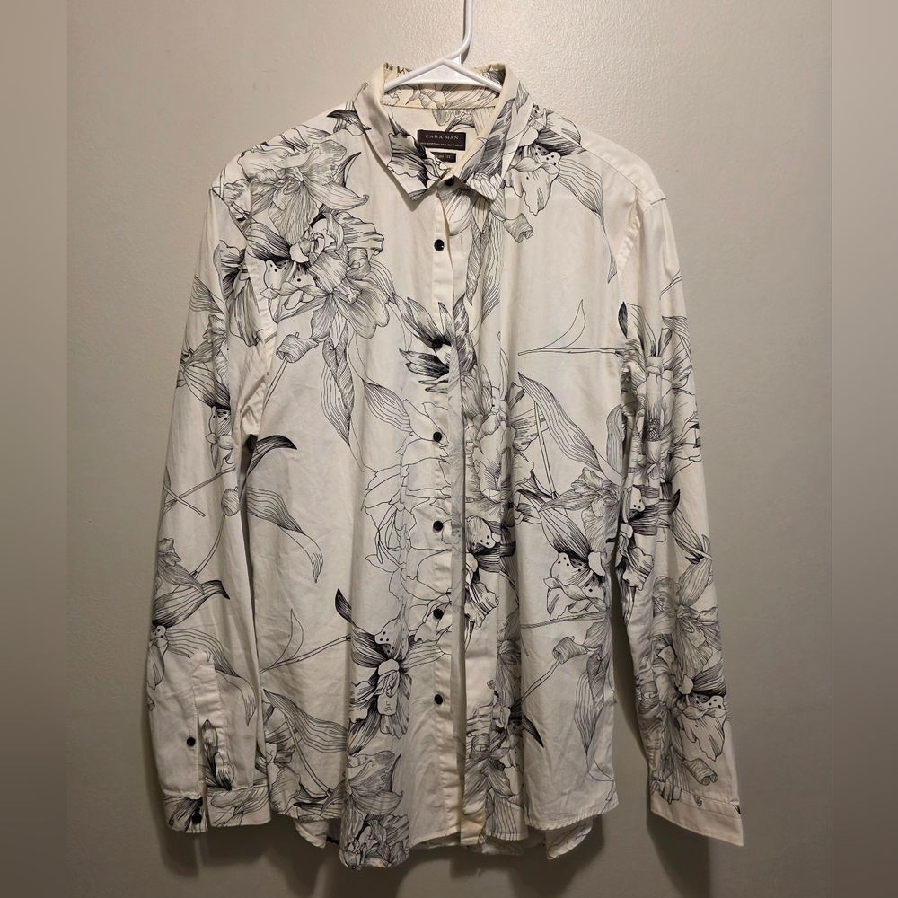 Zara White Casual Button Down Shirt with Botanical Print